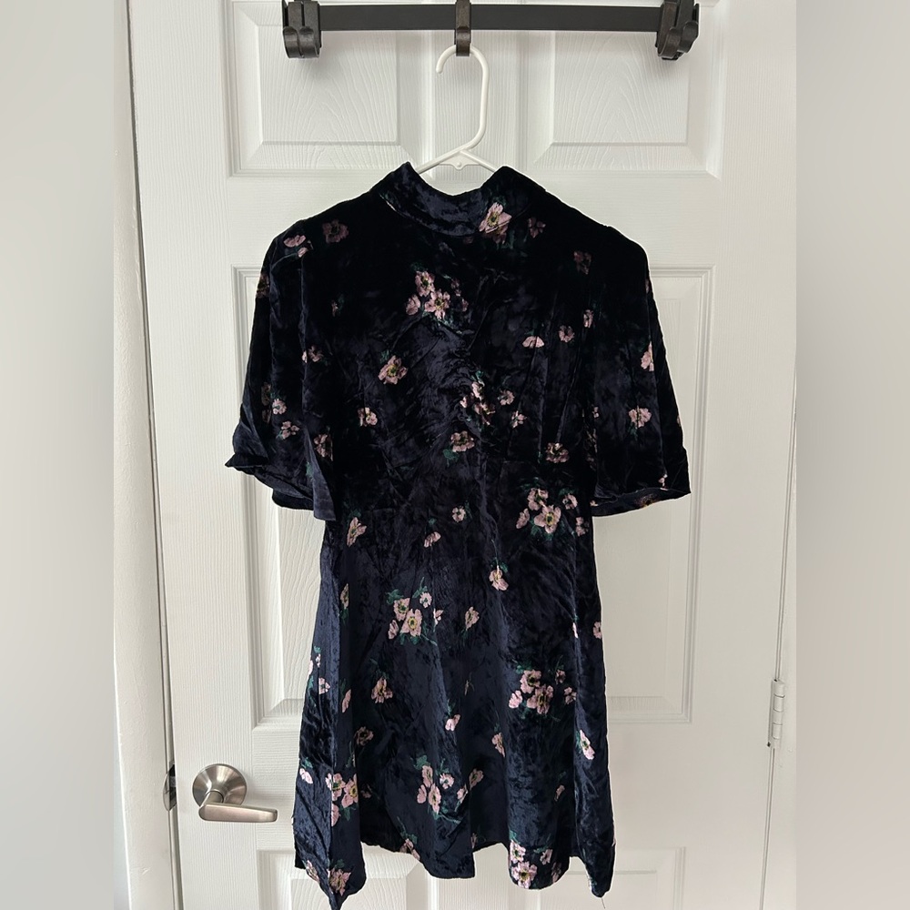 Free People Navy Velvet Dress with Floral Accents